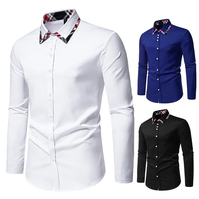 Men's plaid shirt with triangle collar and contrast colour panels in polyester blend fabric