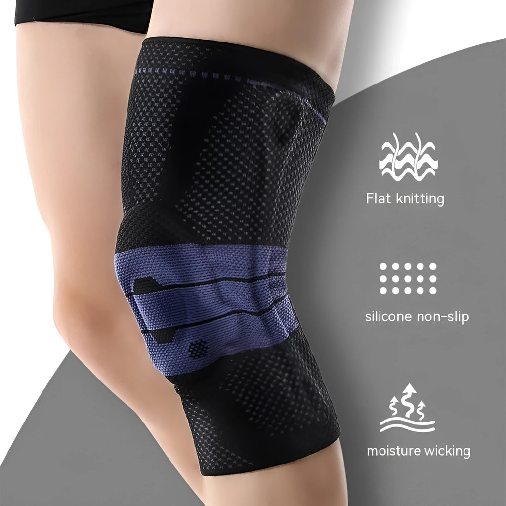Adult sports knee pads in black and blue colour with nylon-spandex construction