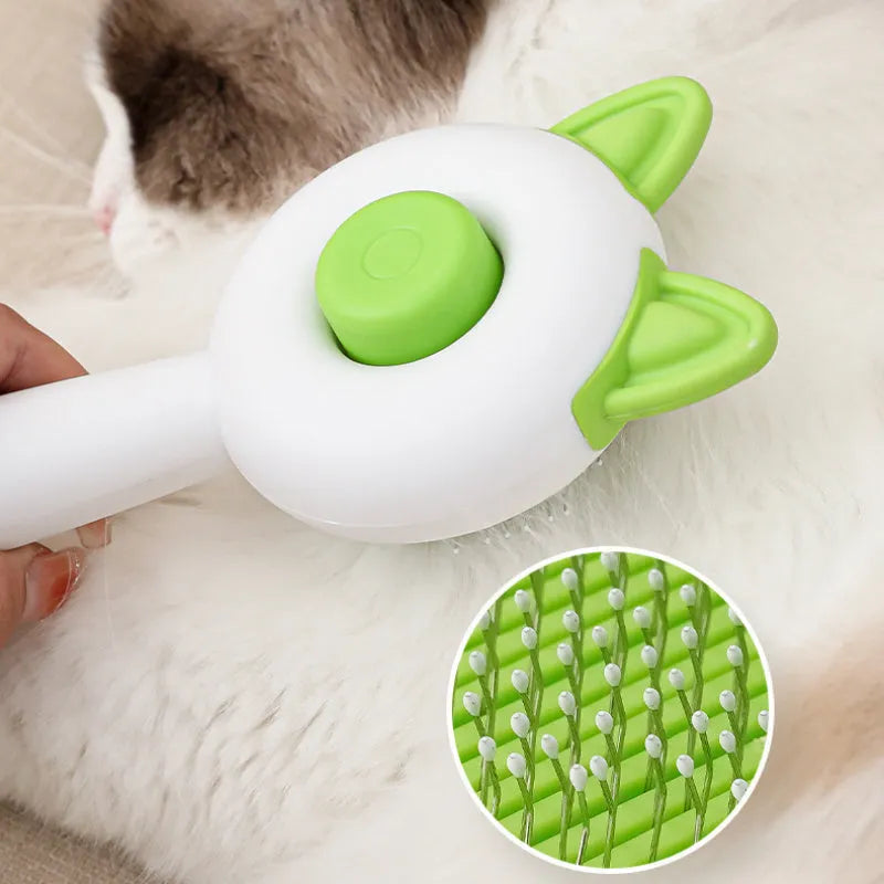 Self-cleaning cat grooming comb with stainless steel teeth in greenish white colour