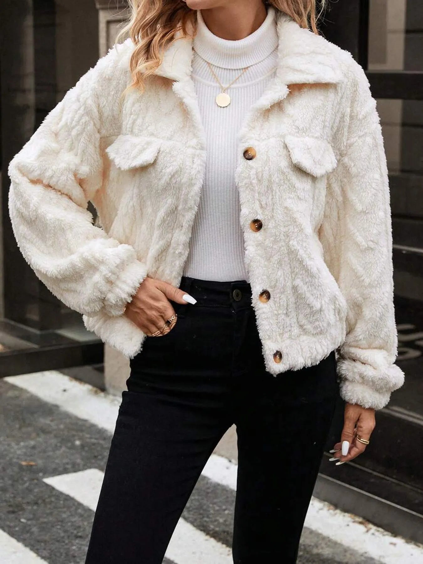 Women's ivory white double-sided plush button cardigan coat with long sleeves