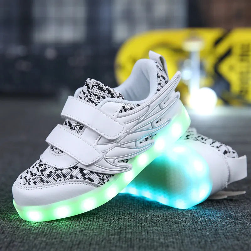 Children's plum red and white LED light-up shoes with USB charging port and hidden control switch