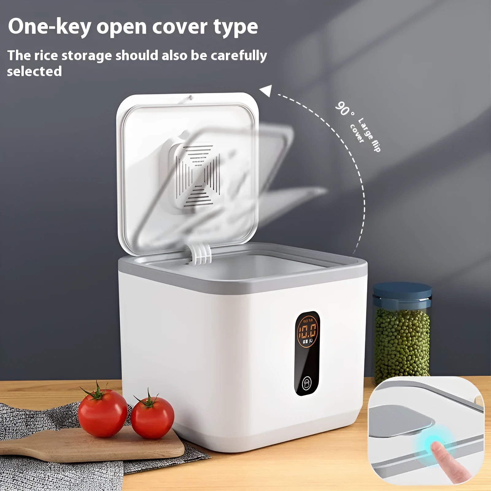 Grey plastic insect-proof rice storage jar with lid and measuring cup in 10kg, 20kg, or 30kg size.