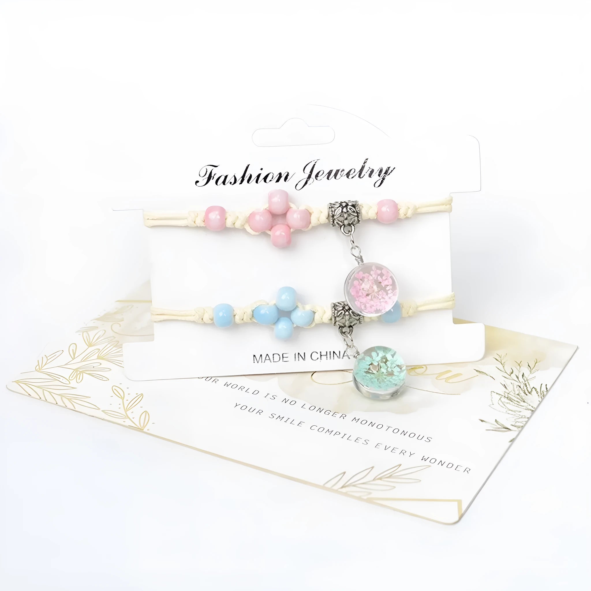 Glass dried flower bracelet with preserved flowers inside clear beads, available in multiple colours