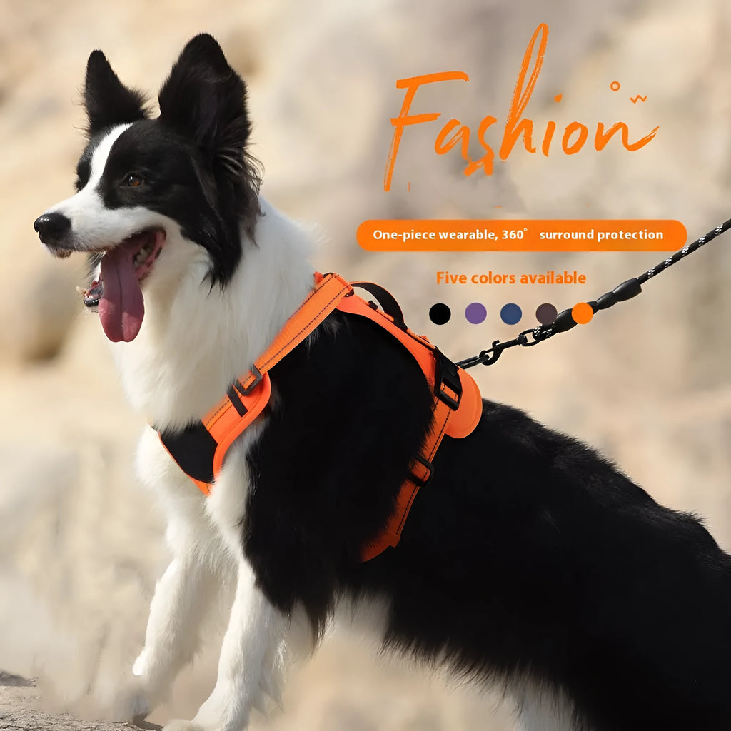 Orange reflective dog vest harness with integrated black hand-grip rope leash on a dog.