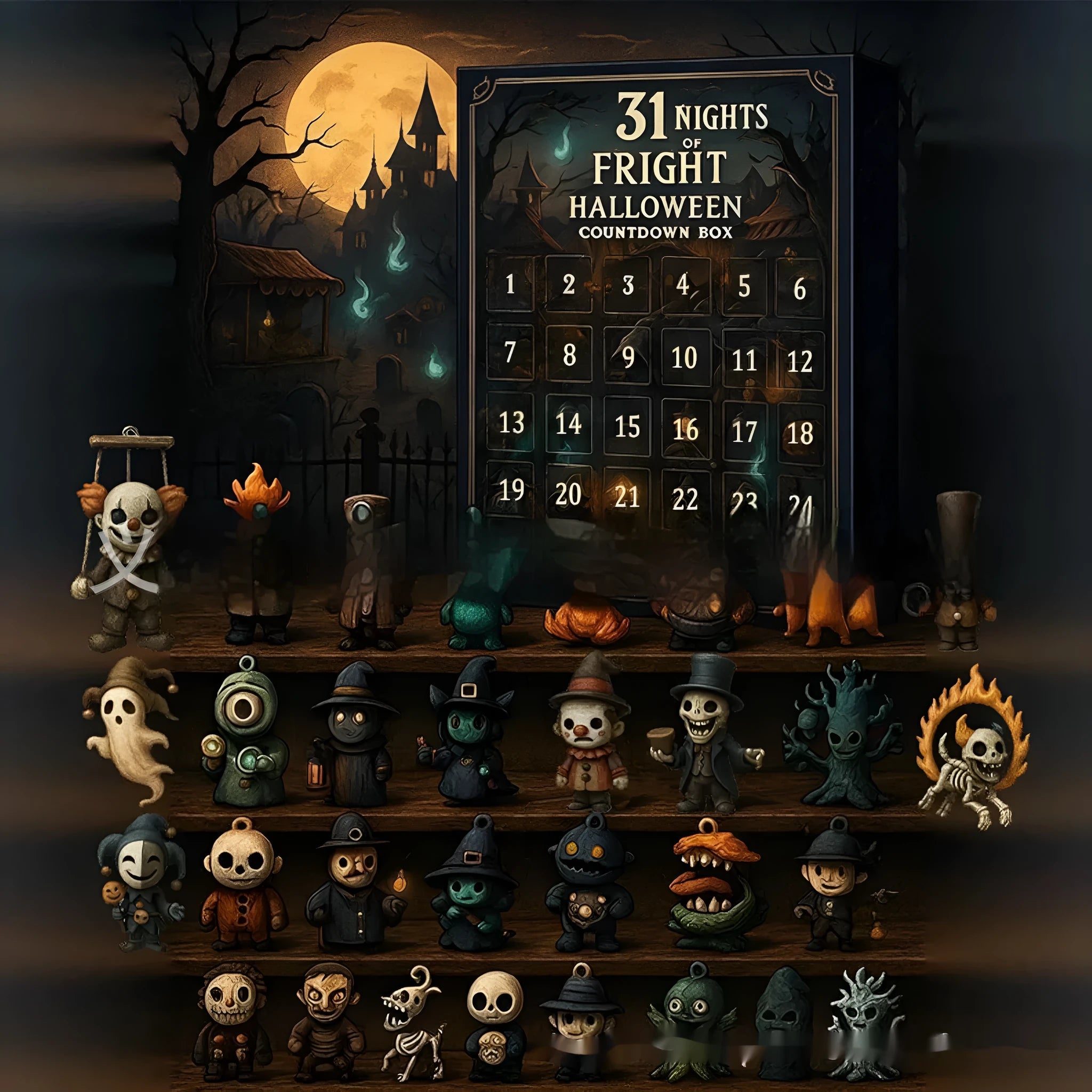 Halloween advent calendar box with horror doll blind boxes for 31-night countdown.