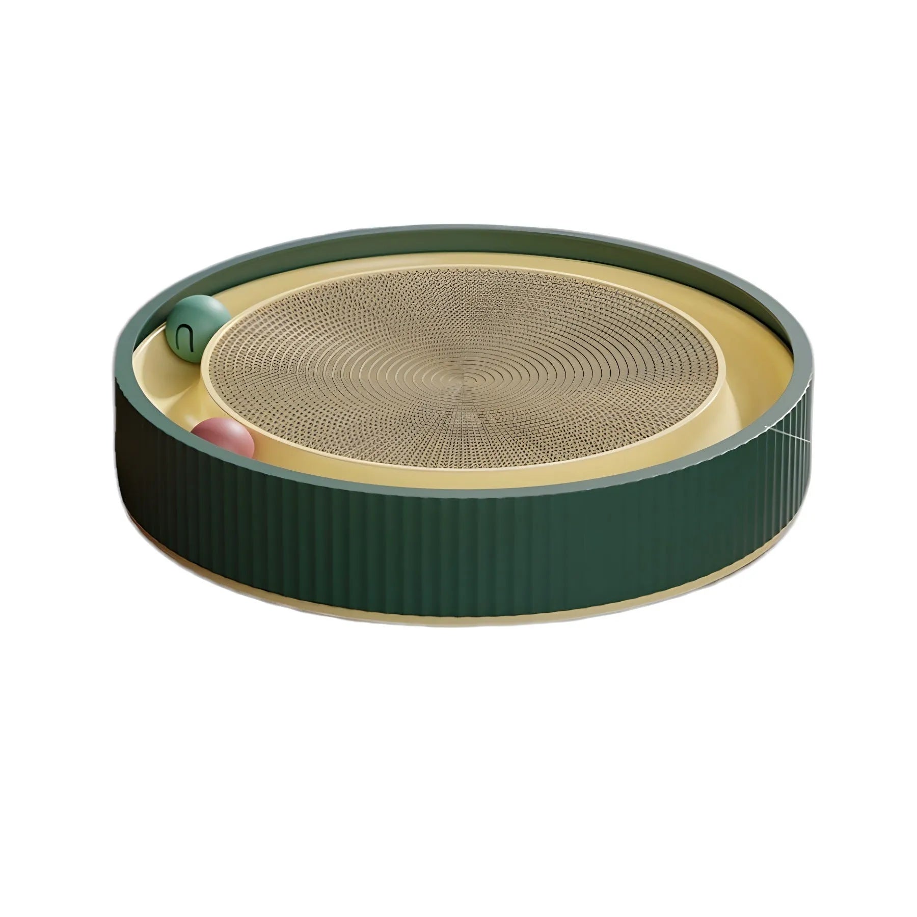 Large green cat scratching board with moving bell balls and replaceable cardboard core