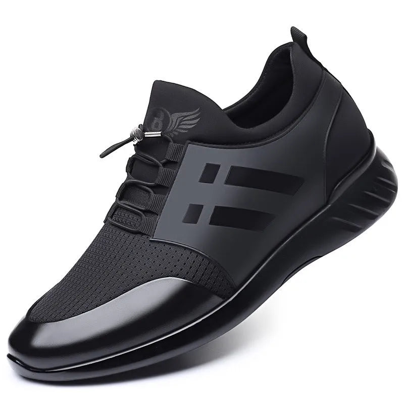 Men's black casual sneakers with a hidden height increase heel, shown in leather, mesh, and Lycra styles.
