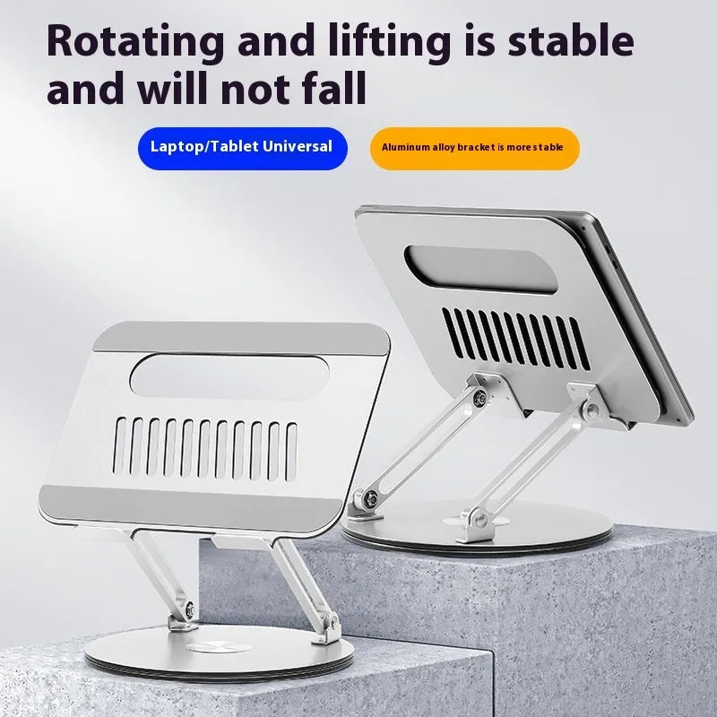 Silver aluminium laptop stand with adjustable height mechanism and rotatable screen positioning