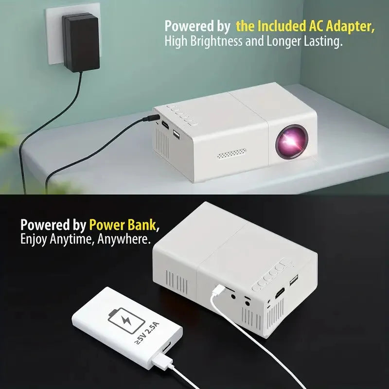 M100 mini LED projector showing 100-inch projection with remote control and cables