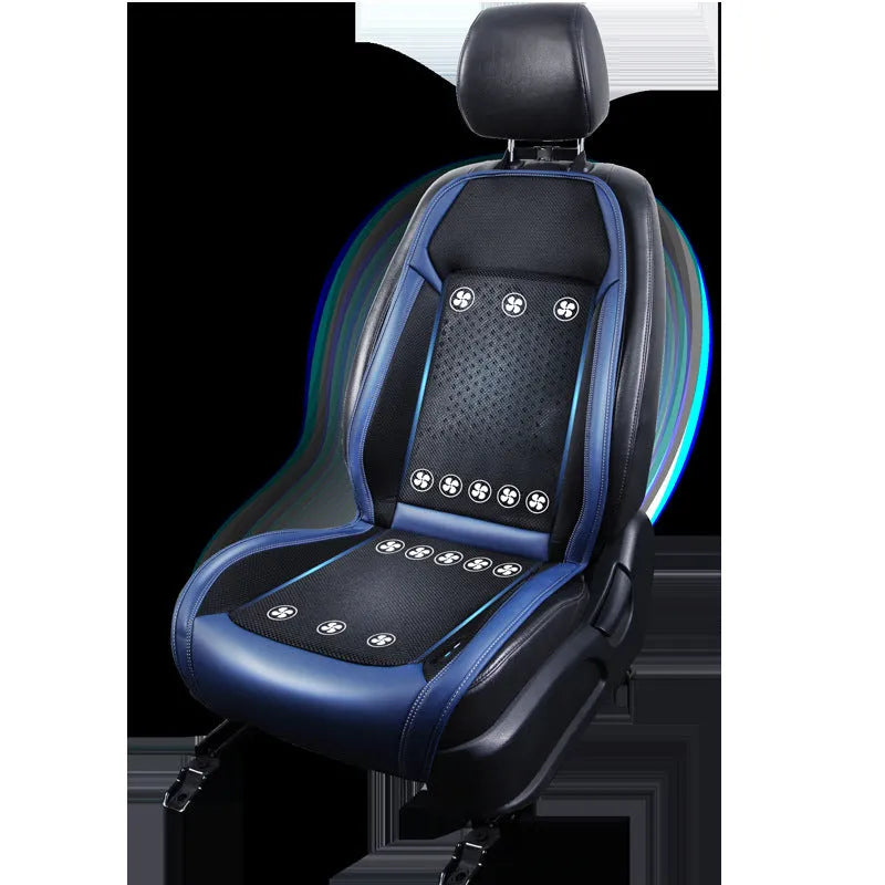 Black car seat cooling pad with minimalist design showing USB power connection