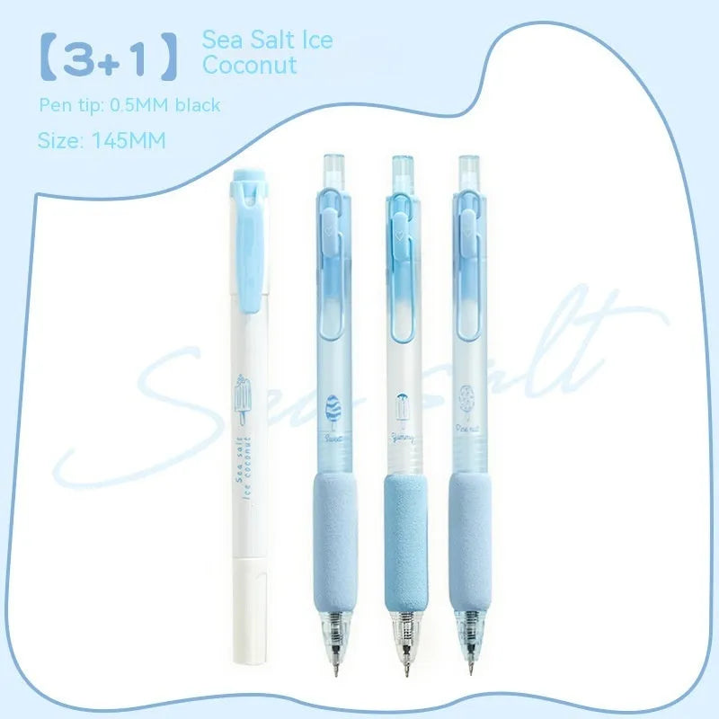 Four dual fluorescent calligraphy practice pens with 0.5mm nibs in neutral ink colours on white background