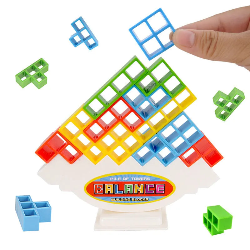 Plastic balance stacking board game with 16 colourful blocks on a chassis and base