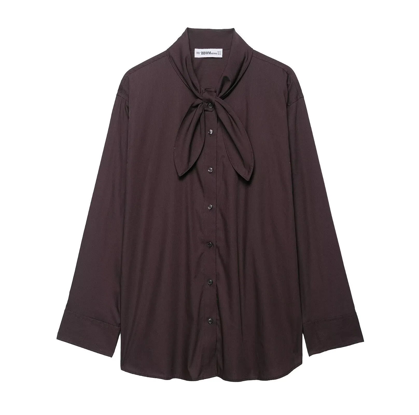Brown loose-fit women's poplin shirt with long sleeves and a matching bow tie scarf, shown in a cardigan style.