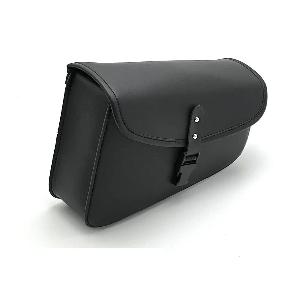 Black PU leather motorcycle swingarm saddlebag mounted on a Harley Sportster, showing side storage compartment.