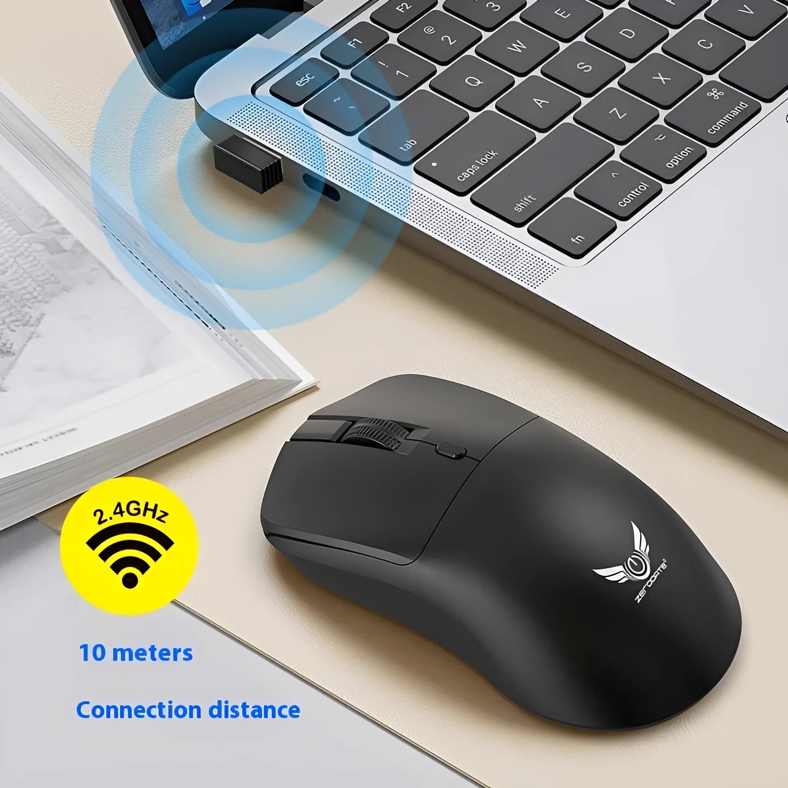 Black wireless mouse with three audio control buttons for laptop use