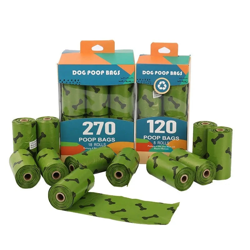 Roll of degradable military green dog poop bags with black bone print, showing bag size and dispenser option.
