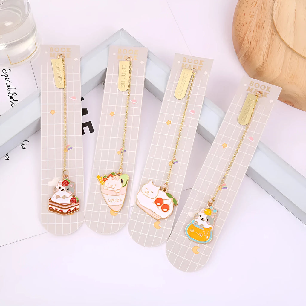 Jane Key Foodie Cute Pet Cat metal bookmark with cartoon design, showing PVC film and paper card construction.