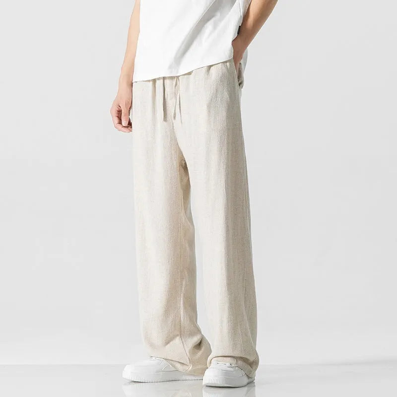 Men's bamboo fibre linen trousers in cropped length with drawstring waist and straight-leg cut