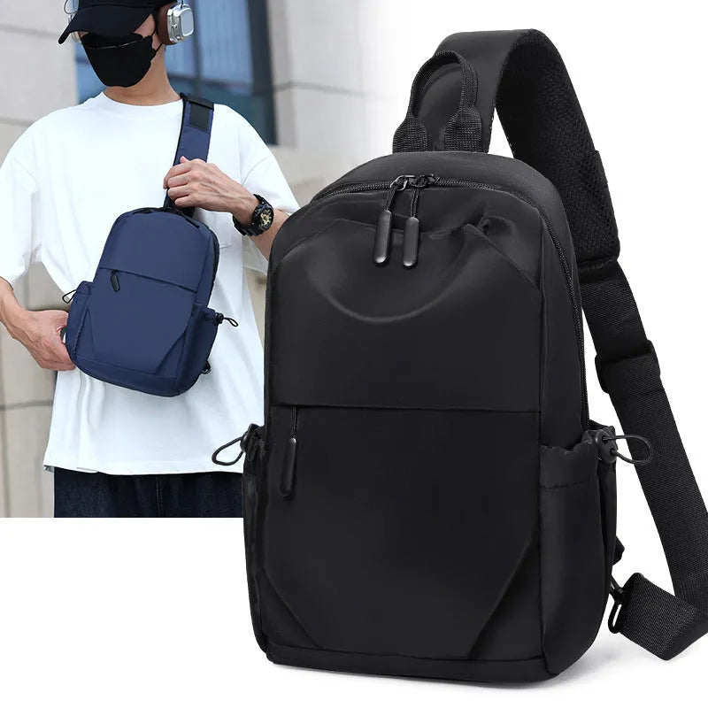 Men's waterproof chest bag in grey showing dimensions and shoulder strap