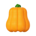 Pumpkin coloured plastic dog chew toy with a blue rope handle for tug and fetch.