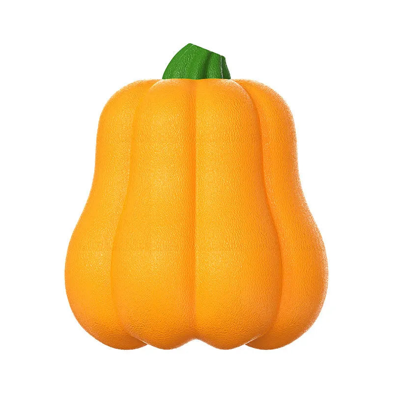 Pumpkin coloured plastic dog chew toy with a blue rope handle for tug and fetch.