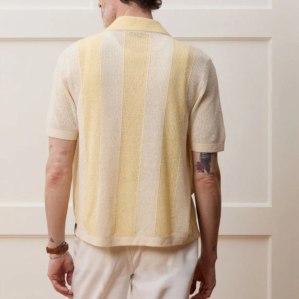 Yellow men's casual polo shirt with hollow-out pattern and asymmetric design in Tencel fabric