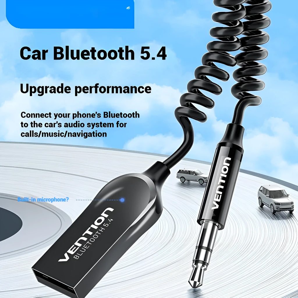 USB car Bluetooth audio receiver with a black zinc alloy USB plug connected by a PU-coated spring wire to a copper 3.5mm audio jack.