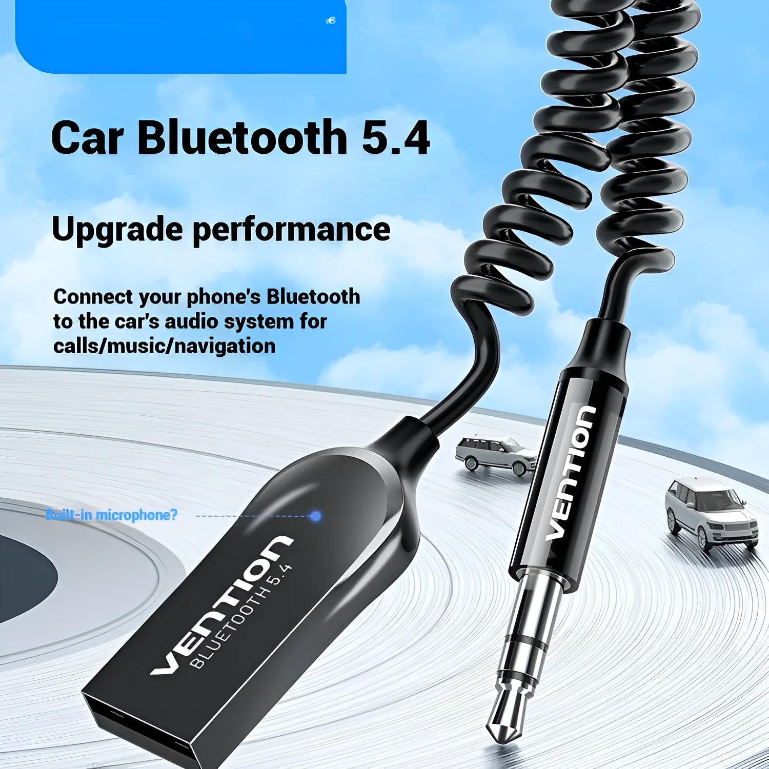 USB car Bluetooth audio receiver with a black zinc alloy USB plug connected by a PU-coated spring wire to a copper 3.5mm audio jack.