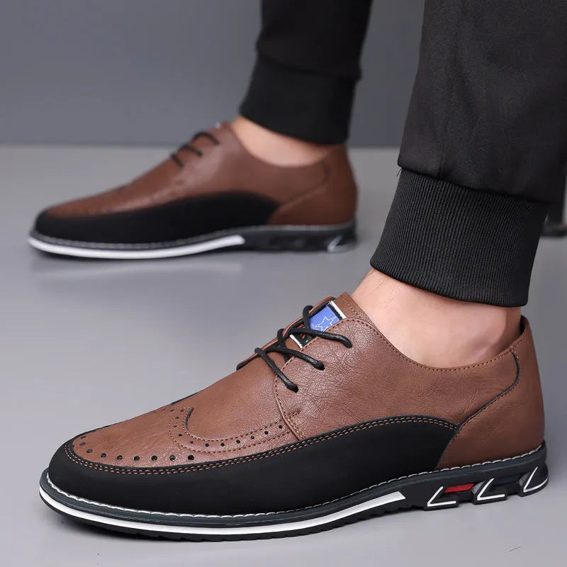 Men's leather casual shoes with rubber sole and sewing line detail in available colours
