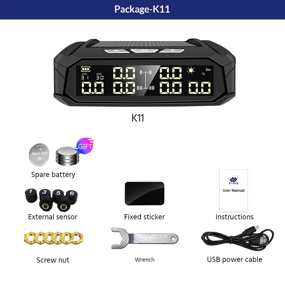 Solar tyre pressure monitor with colour LCD screen and six external sensors for RV and truck use