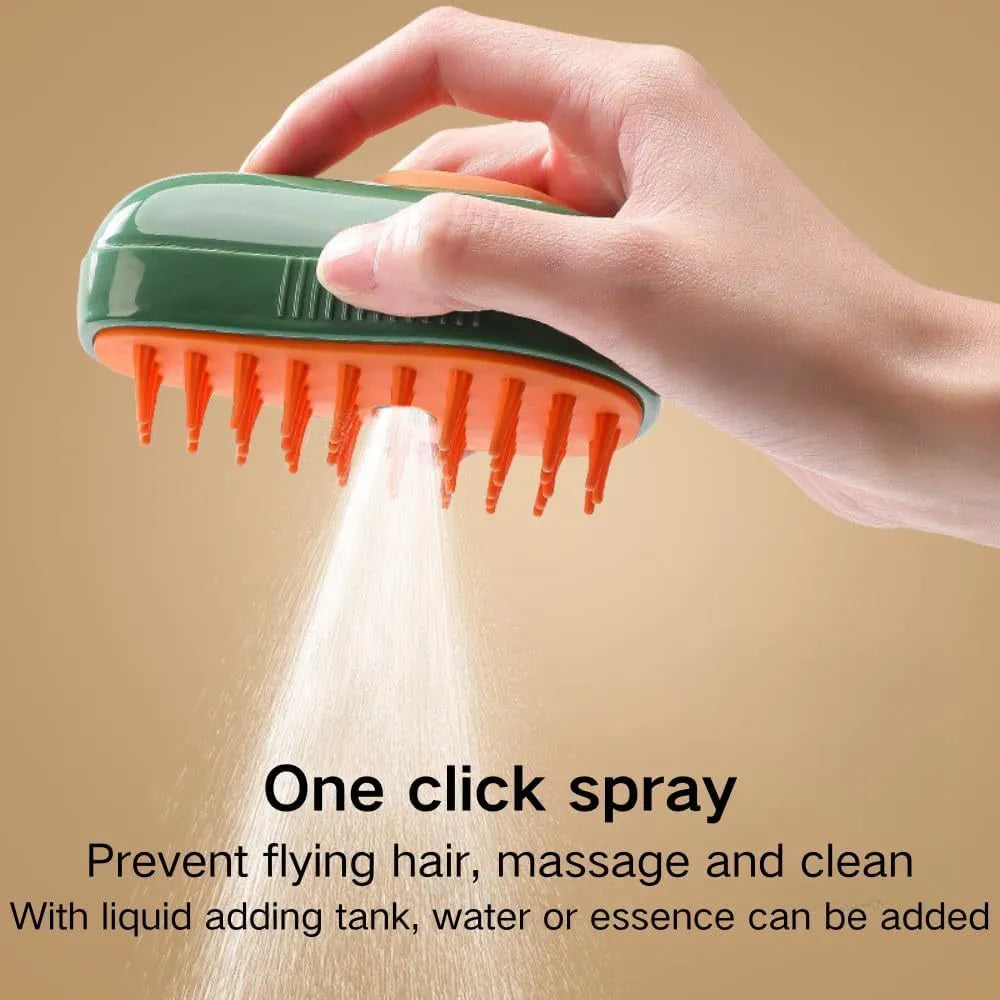 Green cat steam brush with water spray function and silicone teeth for pet grooming