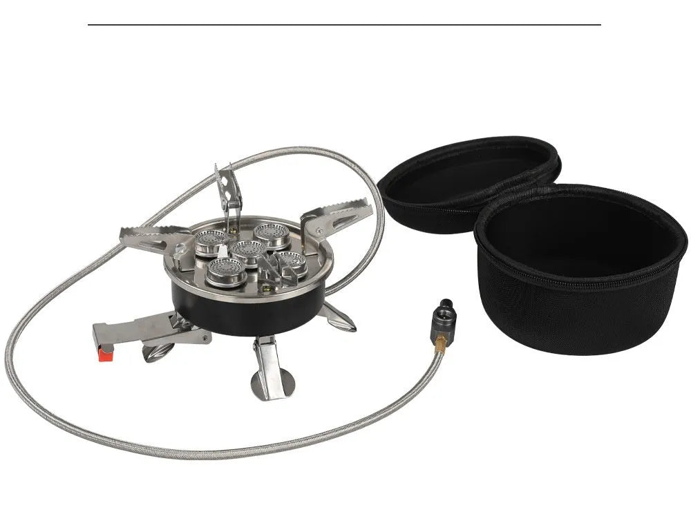 Silver stainless steel split stove for outdoor cooking with foldable design and 100cm hose