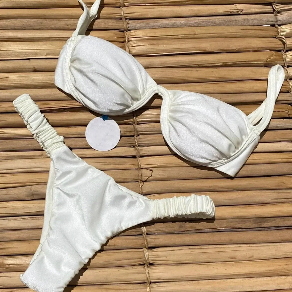 Women's underwire bikini swimsuit set in black, khaki or white with split briefs design.