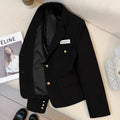 Women's black short suit coat with loose fit design and long sleeves