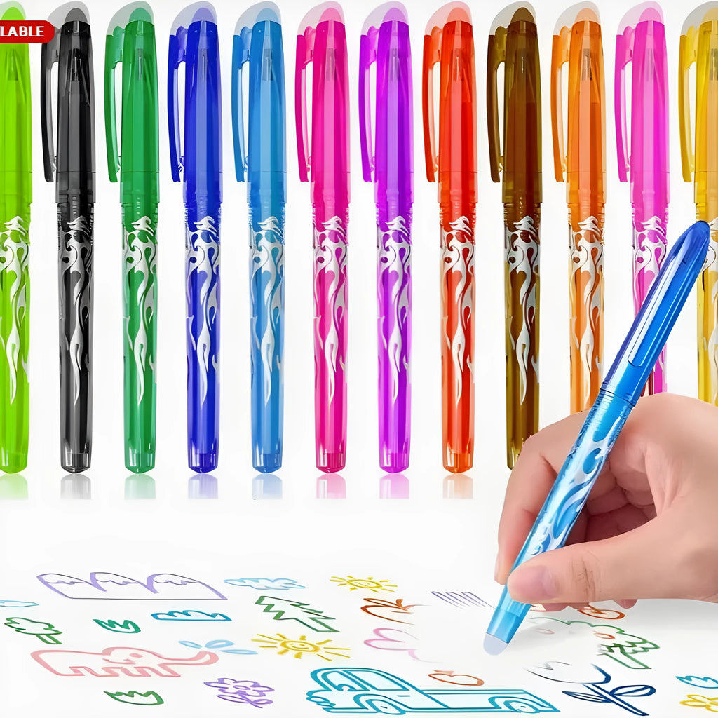 Set of heat-erasable gel pens in multiple colours with plastic bodies and stainless steel tips, showing 0.5mm and 0.7mm nib options.