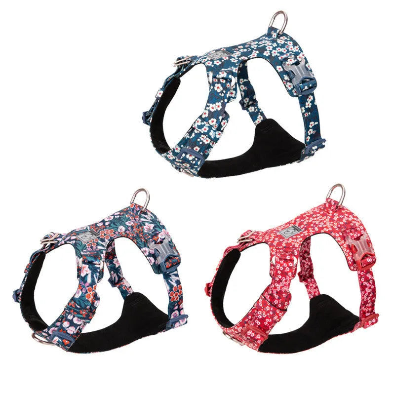Floral pattern pure cotton dog chest harness with adjustable straps for sizing