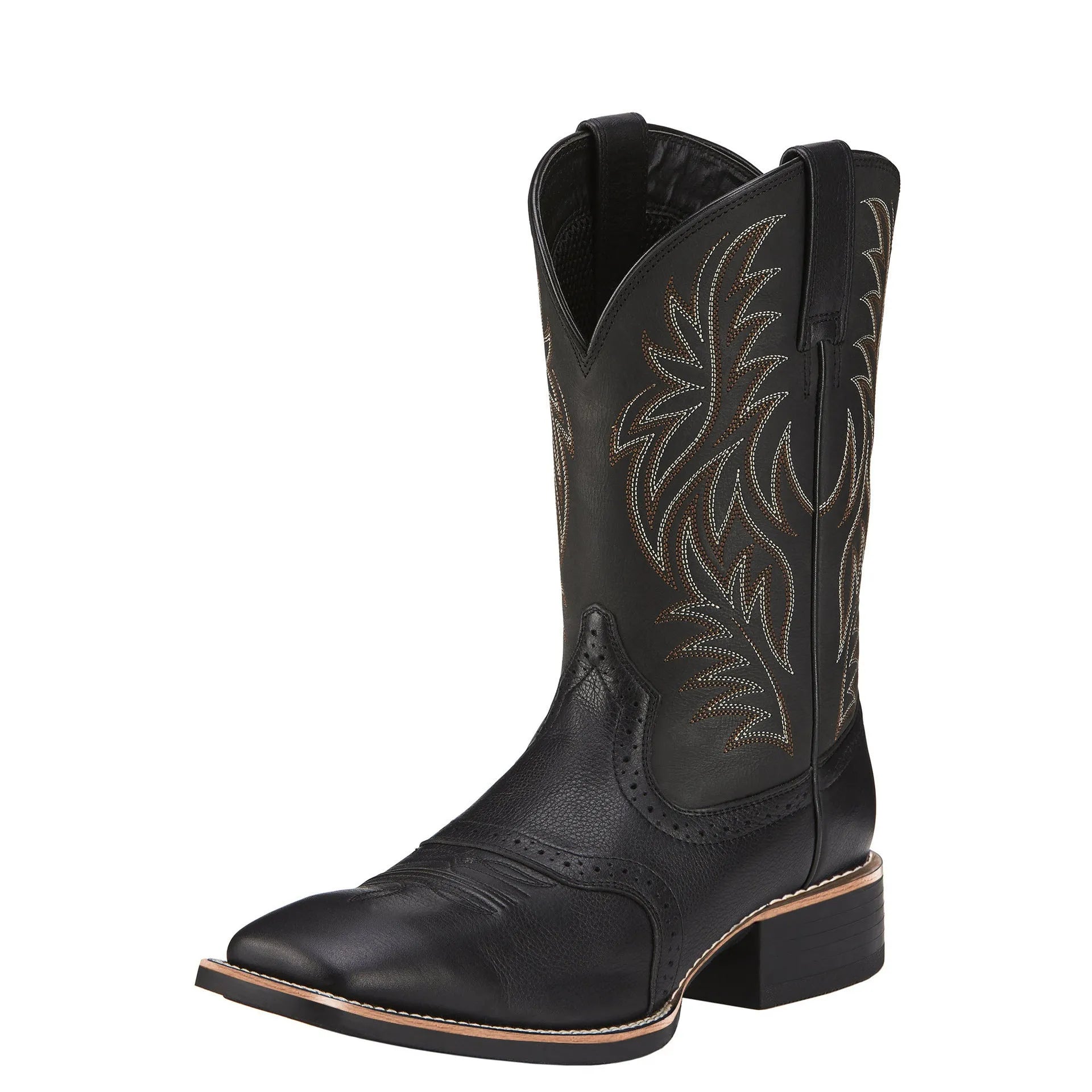 Men's brown cowboy boots with detailed embroidery on the high shaft and a square toe.