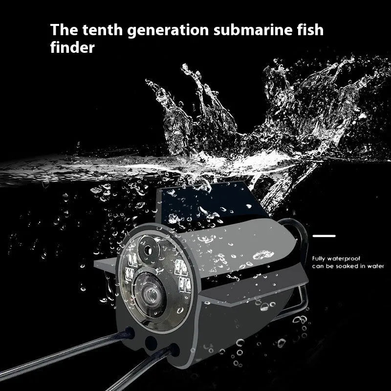 Fish finder underwater camera system with 4.3-inch display screen, camera unit, and cable on a blue background.