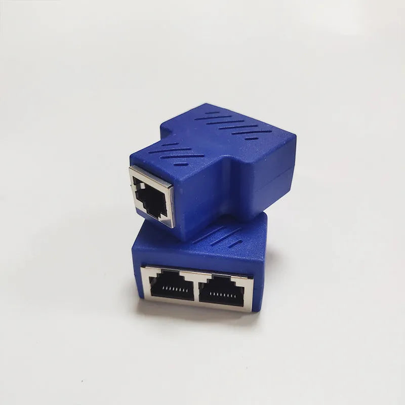White RJ45 network cable splitter with one male and two female connectors