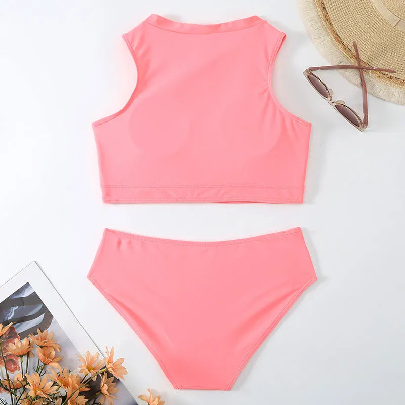 Solid pink high waist women's bikini swimsuit set with briefs style on a mannequin.
