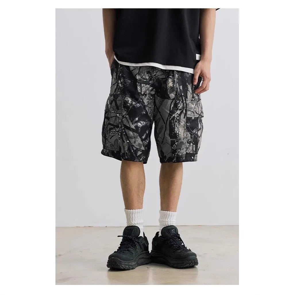 Men's loose casual straight-leg denim shorts in black and army green colours
