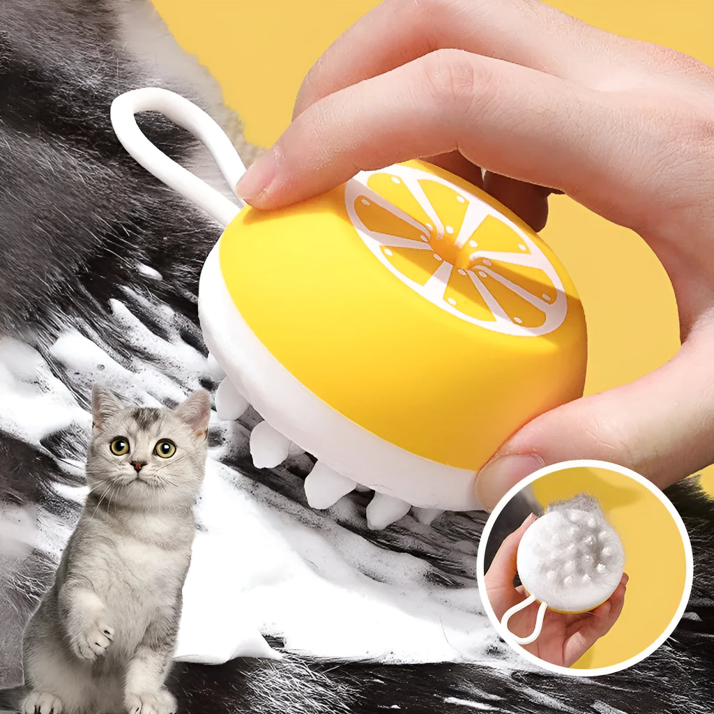 Yellow silicone pet bath brush with 3D massage head and combed hair attachment for dog and cat grooming
