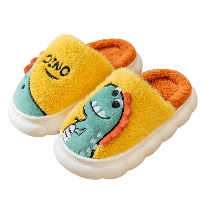 Cotton couple slippers with plush upper and dinosaur designs in three colour options