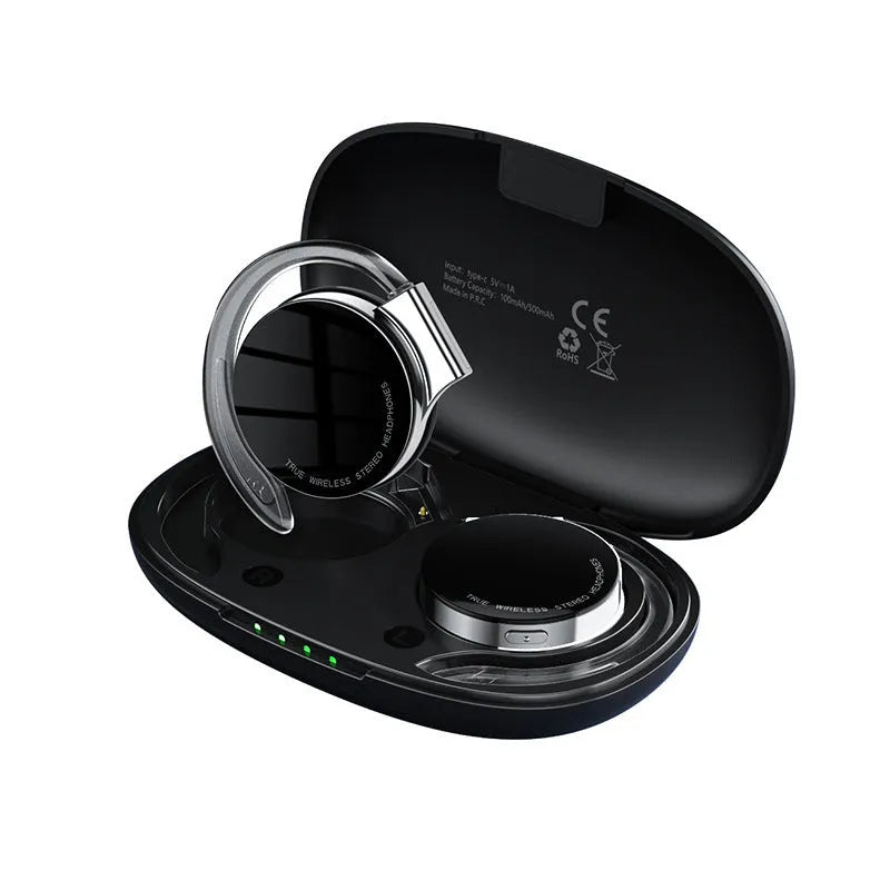 Black and white wireless Bluetooth sports earphones with in-ear design for secure fit.