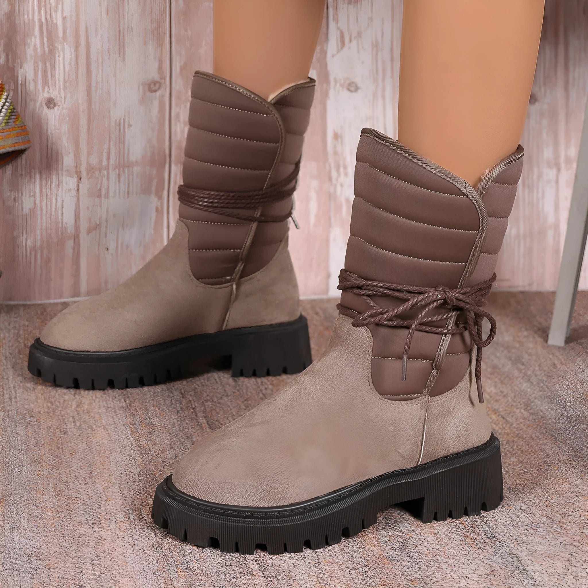 Women's black suede snow boots with chunky heel and lace-up design showing fleece lining