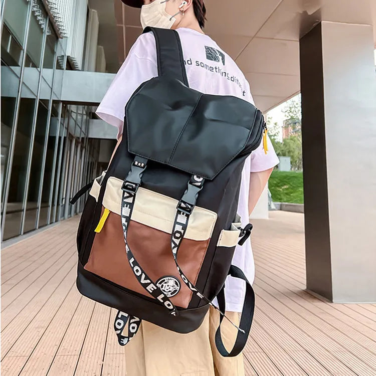 Oxford cloth backpack in black green or red colours showing dimensions and three carrying options