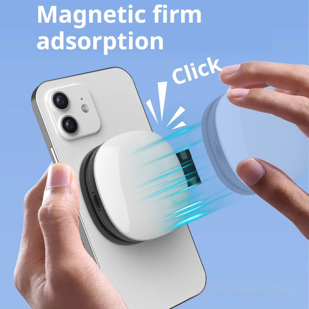 Black and white mobile phone magnetic selfie fill light with makeup mirror showing three-colour temperature adjustment
