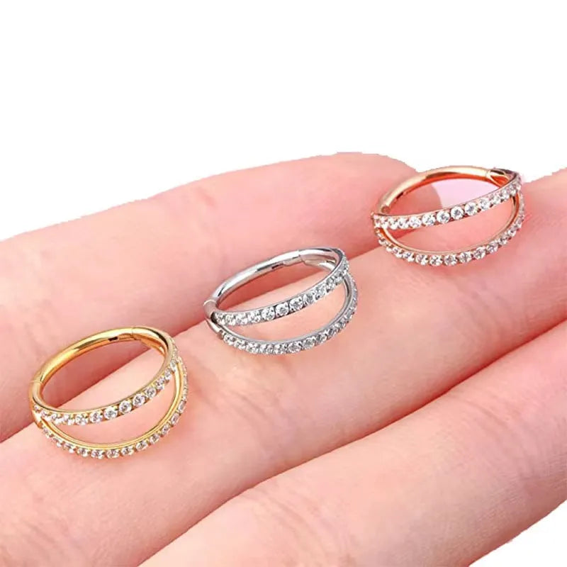 Titanium alloy nose ring and earring piercing jewellery in gold or steel colour with zircon accent