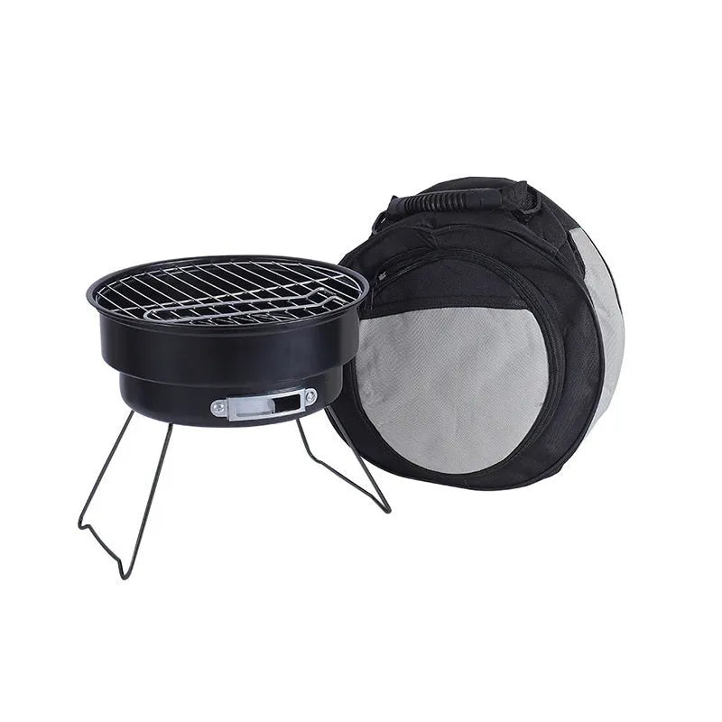 Small folding round ice stove with charcoal barbecue grill, mesh, and furnace legs for outdoor cooking