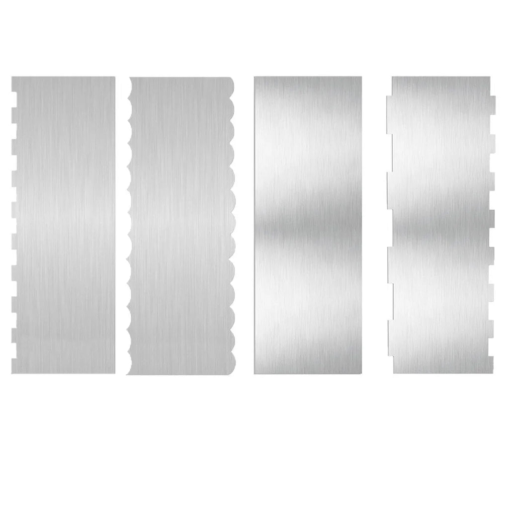 Stainless steel cake decorating scraper with a polygon-patterned edge for smoothing buttercream